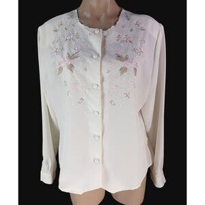 Christie Jill Vintage White Embroidered Button Front Blouse Size 16 Office Prepp